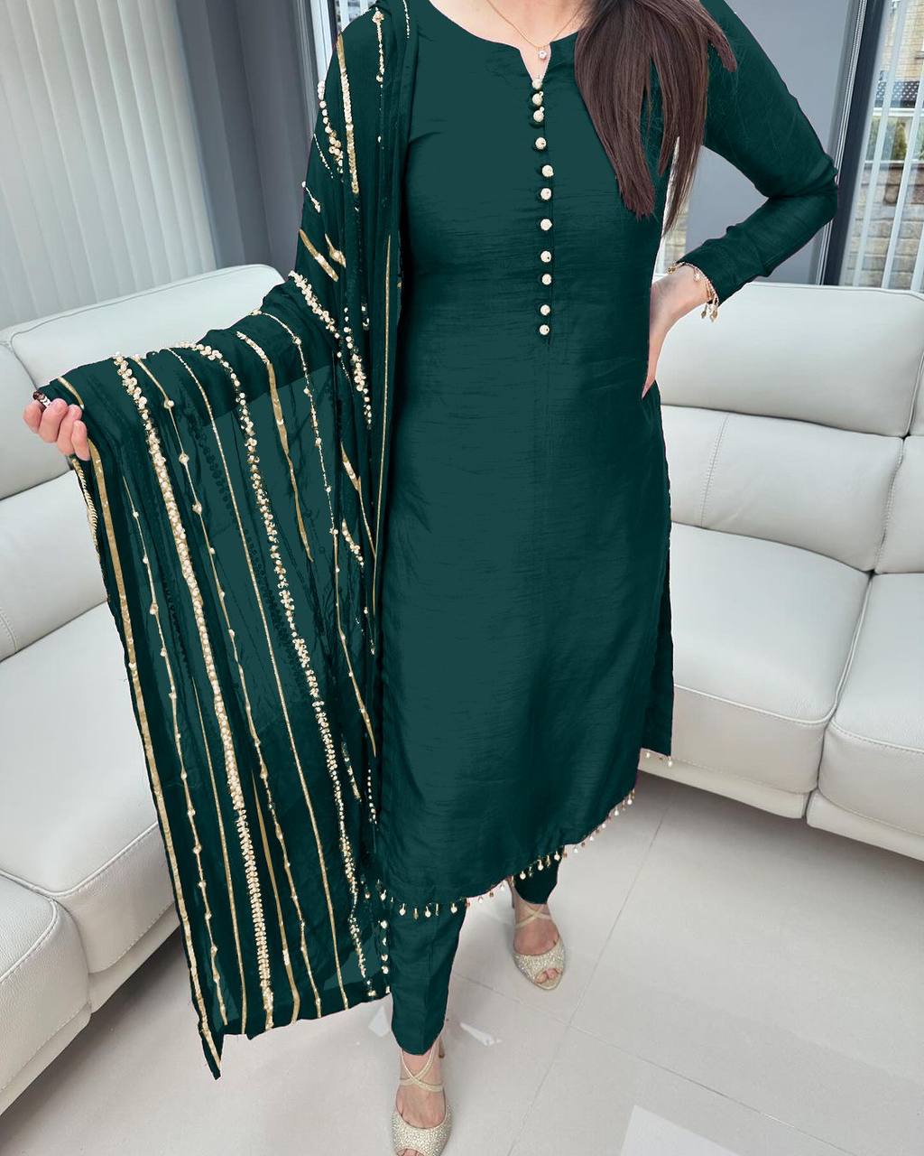 Fashionable Green Color Kurti Pant With Work Dupatta