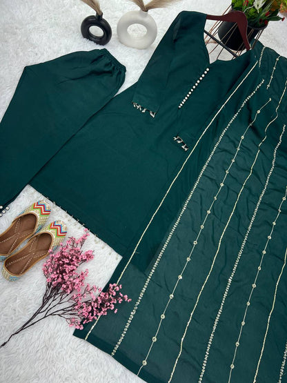 Fashionable Green Color Kurti Pant With Work Dupatta