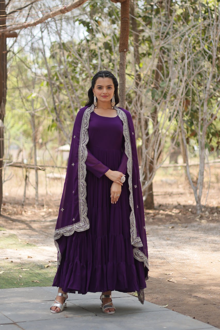 Fairy Look Purple Flared Long Gown With Work Dupatta