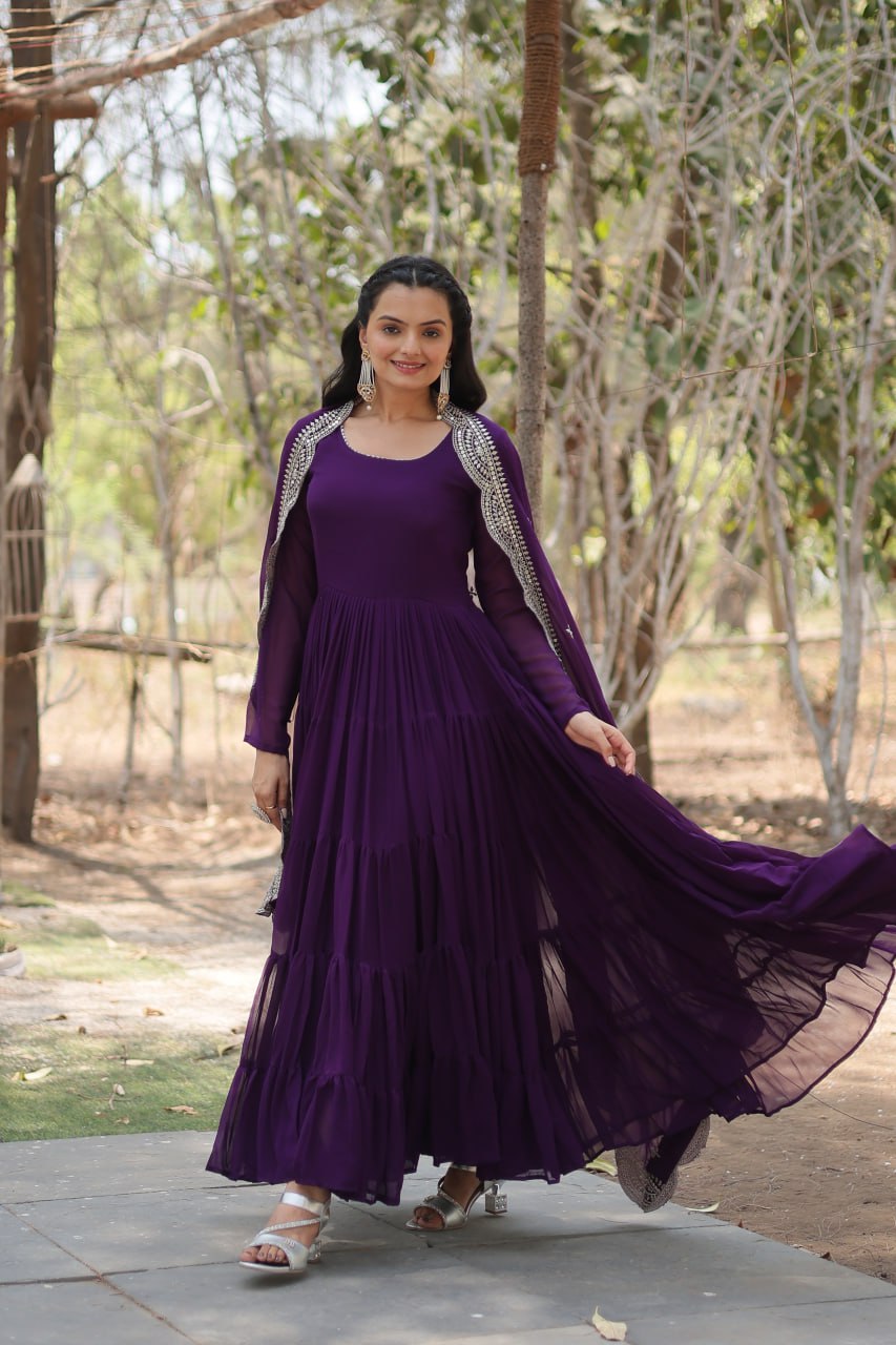 Fairy Look Purple Flared Long Gown With Work Dupatta