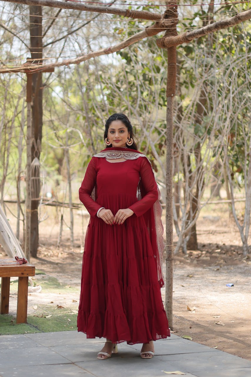 Fairy Look Maroon Flared Long Gown With Work Dupatta