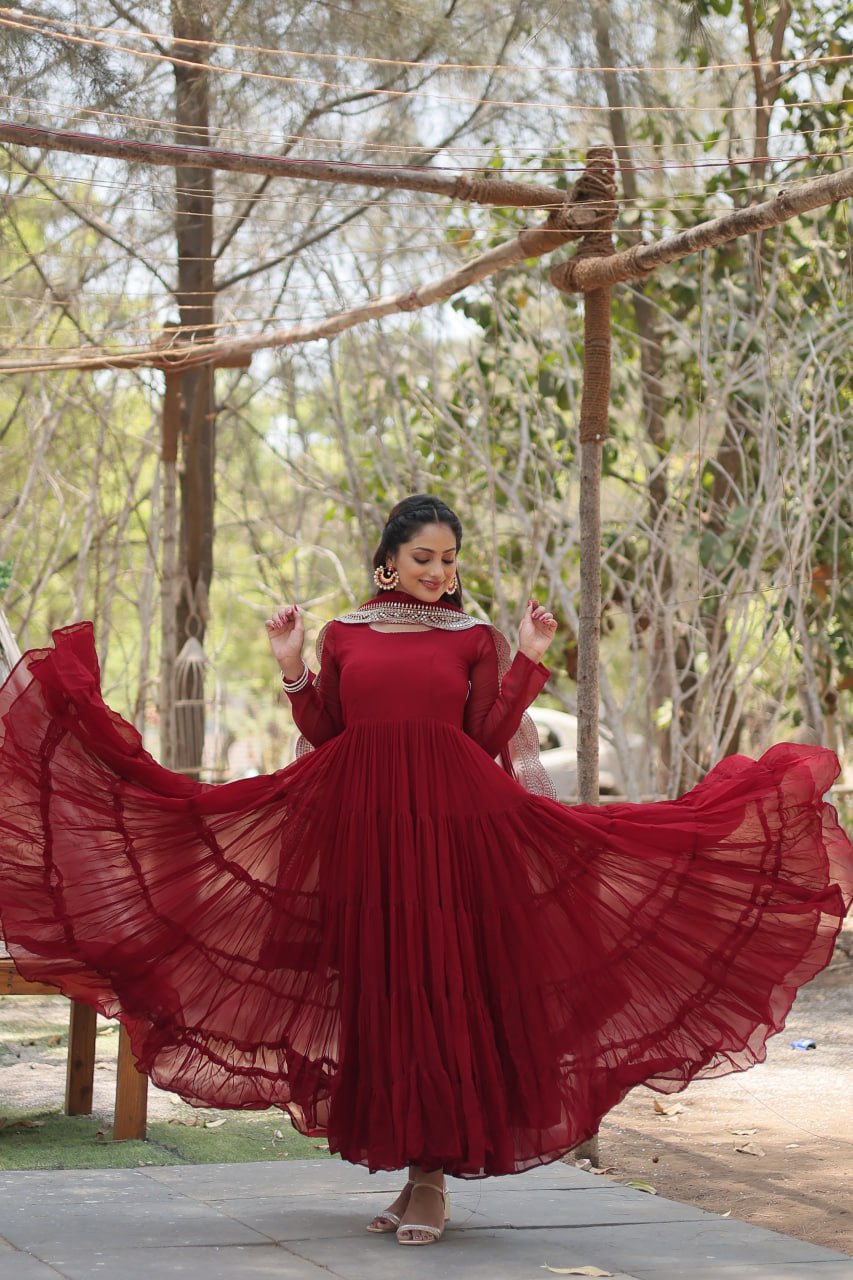 Fairy Look Maroon Flared Long Gown With Work Dupatta