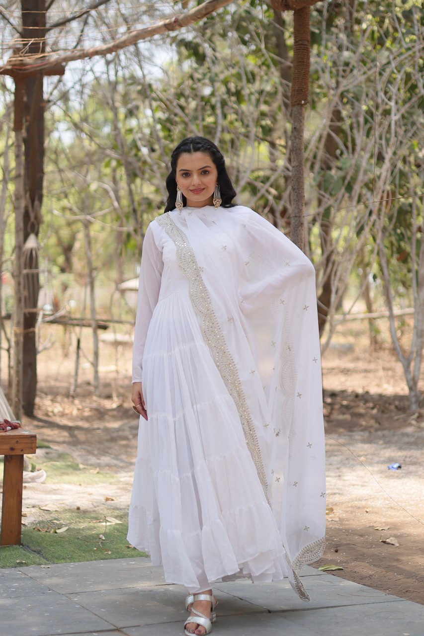 Fairy Look White Flared Long Gown With Work Dupatta