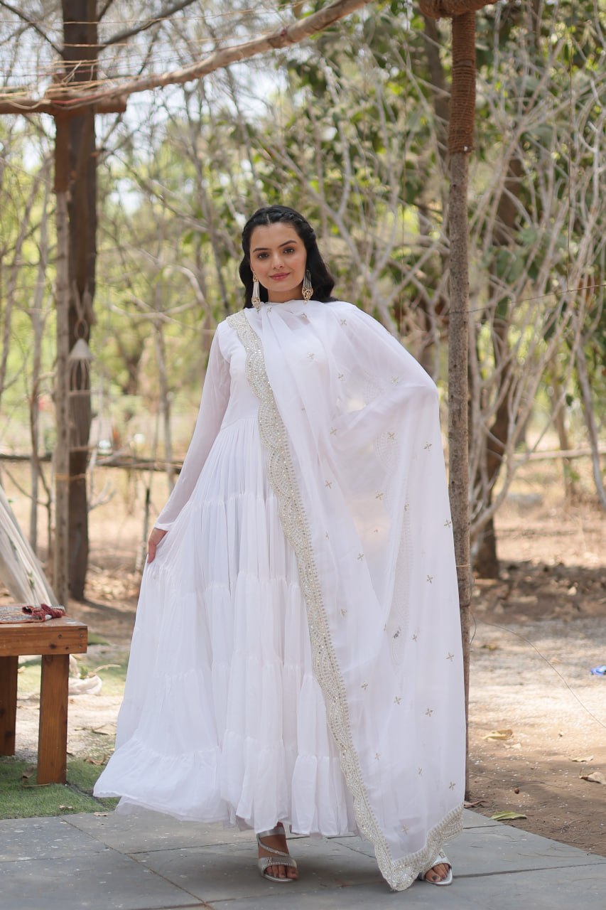 Fairy Look White Flared Long Gown With Work Dupatta