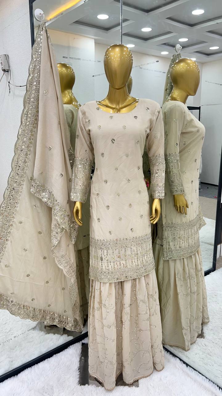 Pakistani Style Embroidery Work White Sharara Suit