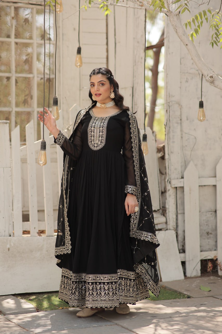 Presenting Embroidered Work Black Color Gown