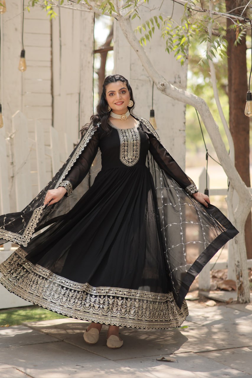 Presenting Embroidered Work Black Color Gown