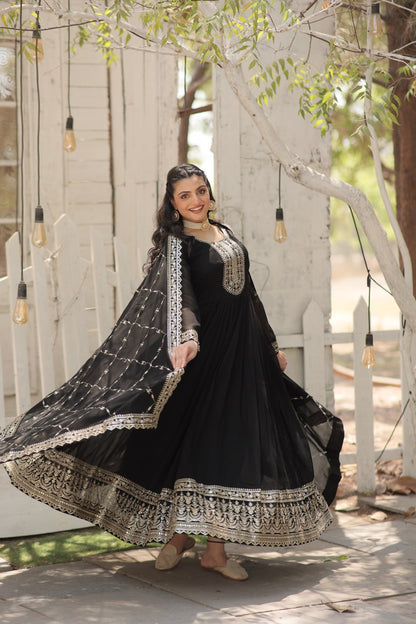 Presenting Embroidered Work Black Color Gown