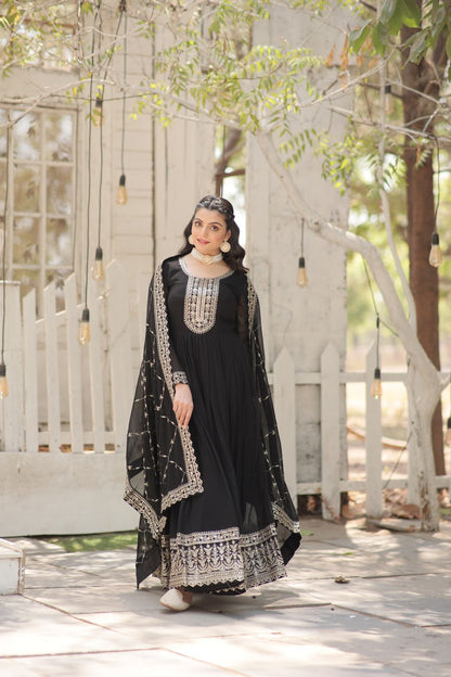 Presenting Embroidered Work Black Color Gown