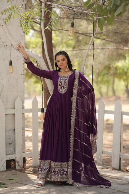 Presenting Embroidered Work Purple Color Gown