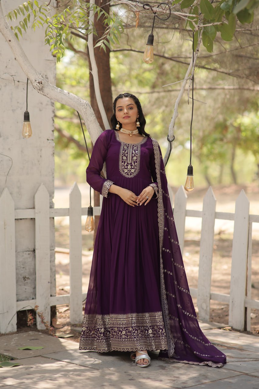 Presenting Embroidered Work Purple Color Gown