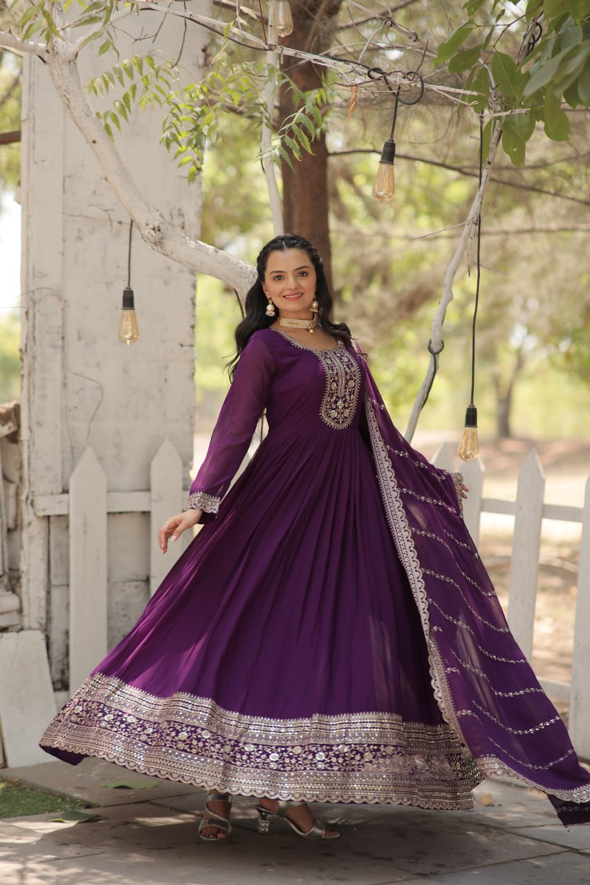 Presenting Embroidered Work Purple Color Gown