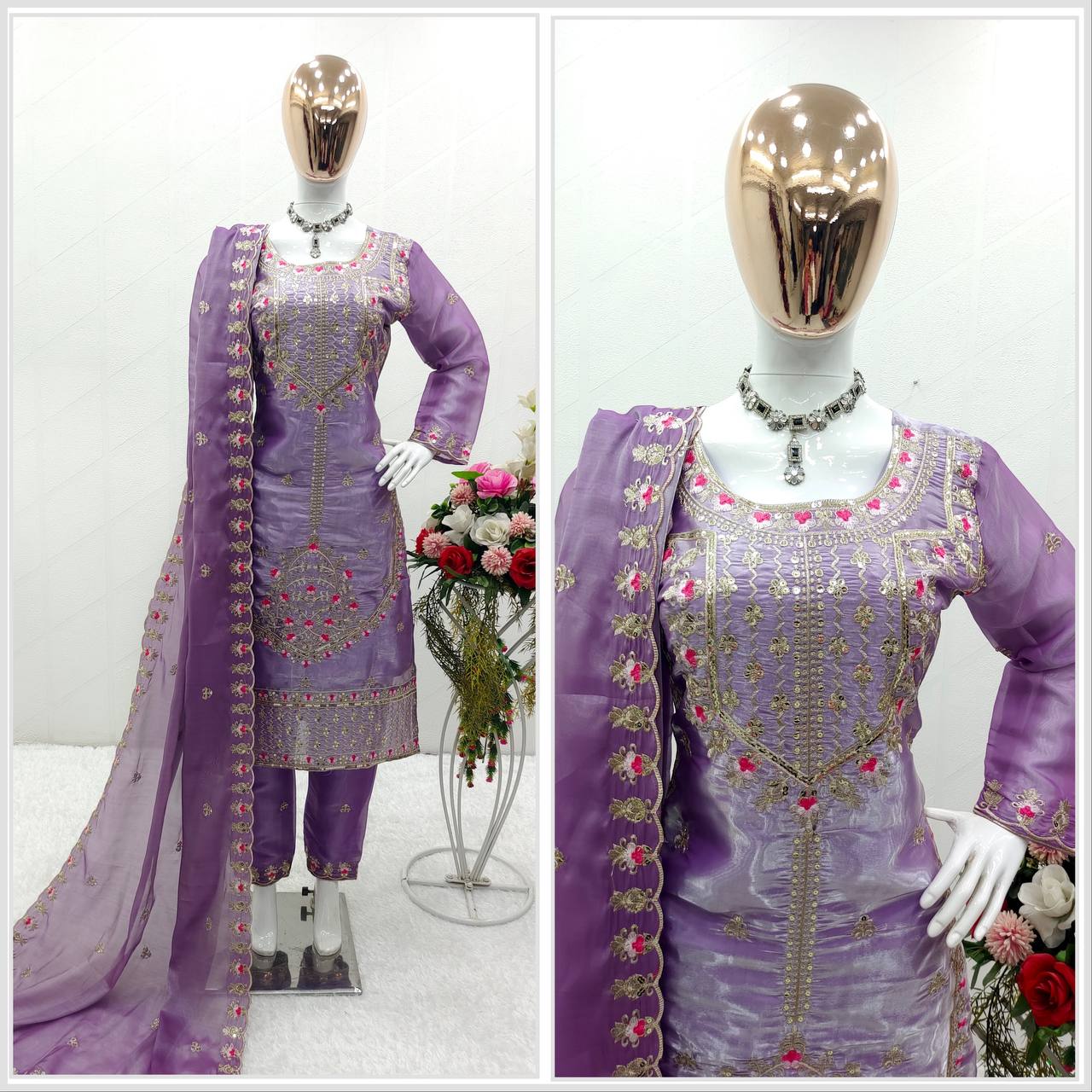 Shining Lavender Beautiful Work Kurti Set