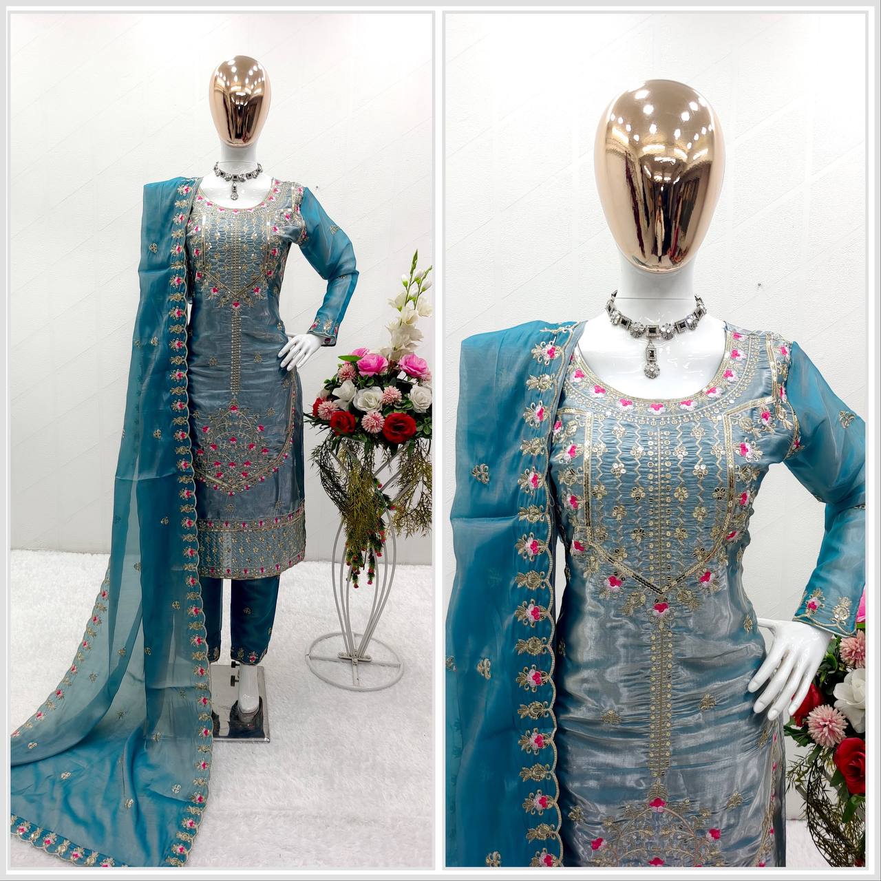 Shining Sky Blue Beautiful Work Kurti Set