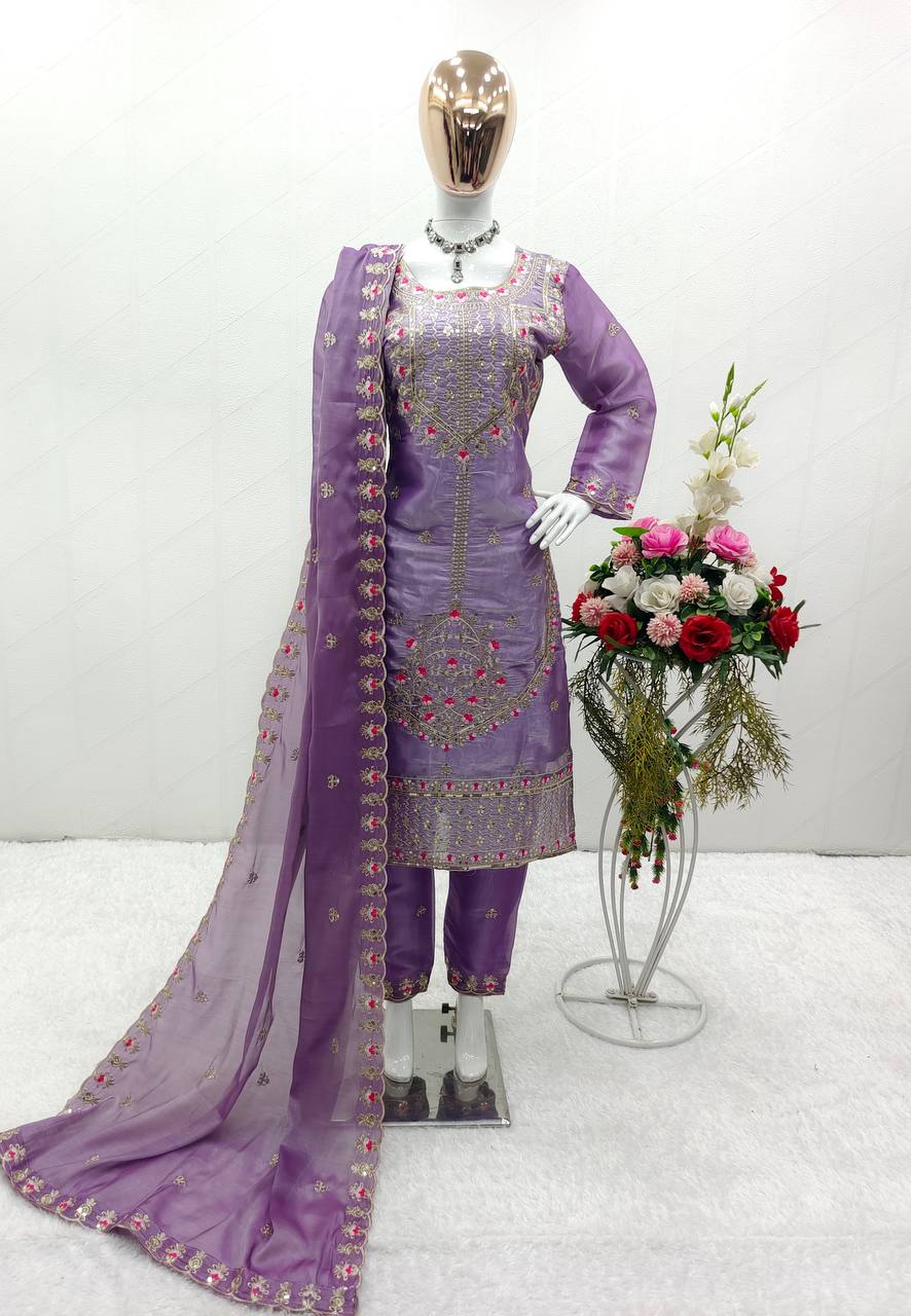 Shining Lavender Beautiful Work Kurti Set