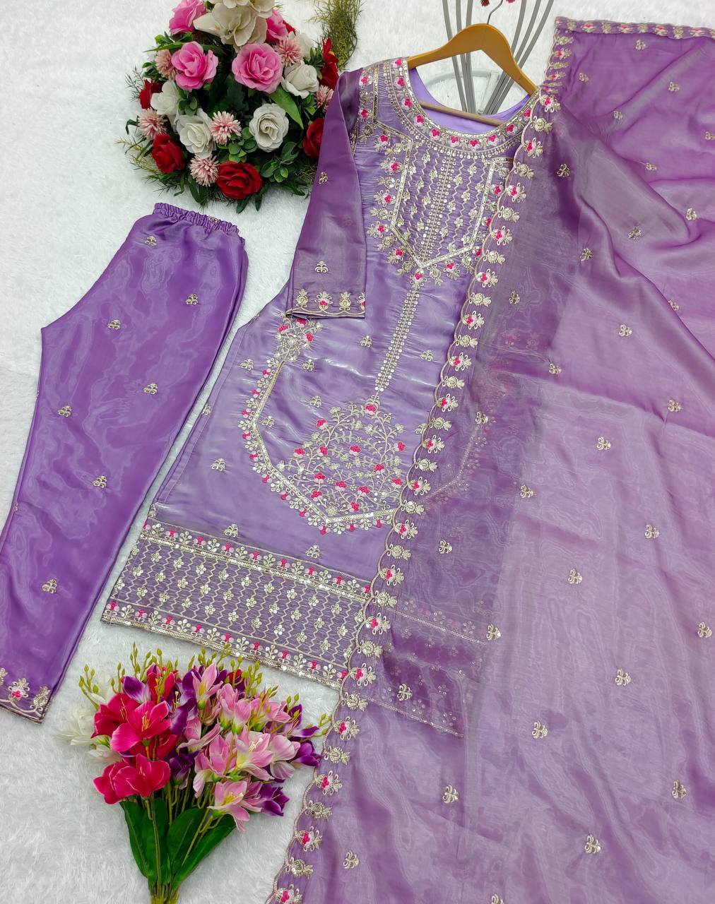 Shining Lavender Beautiful Work Kurti Set