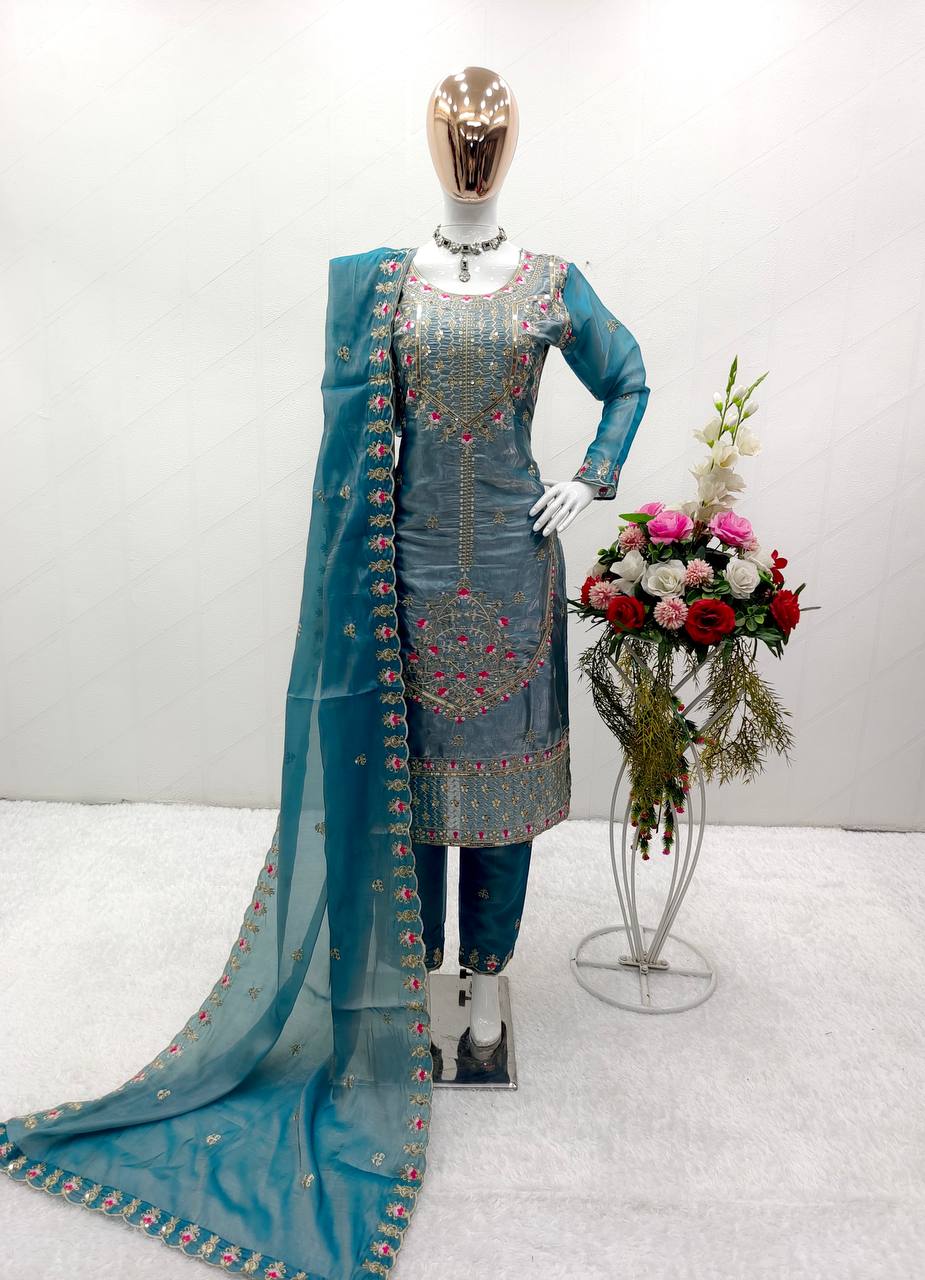 Shining Sky Blue Beautiful Work Kurti Set