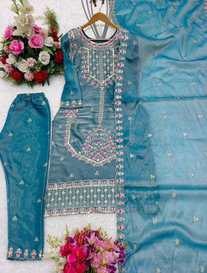 Shining Sky Blue Beautiful Work Kurti Set