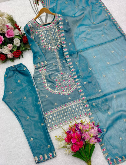 Shining Sky Blue Beautiful Work Kurti Set