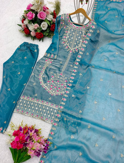 Shining Sky Blue Beautiful Work Kurti Set