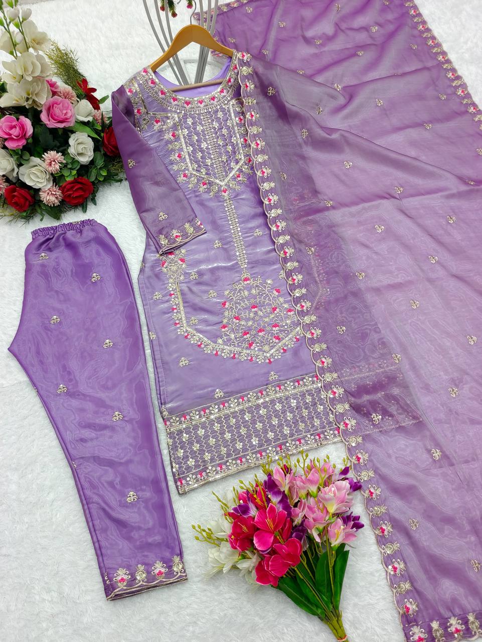 Shining Lavender Beautiful Work Kurti Set