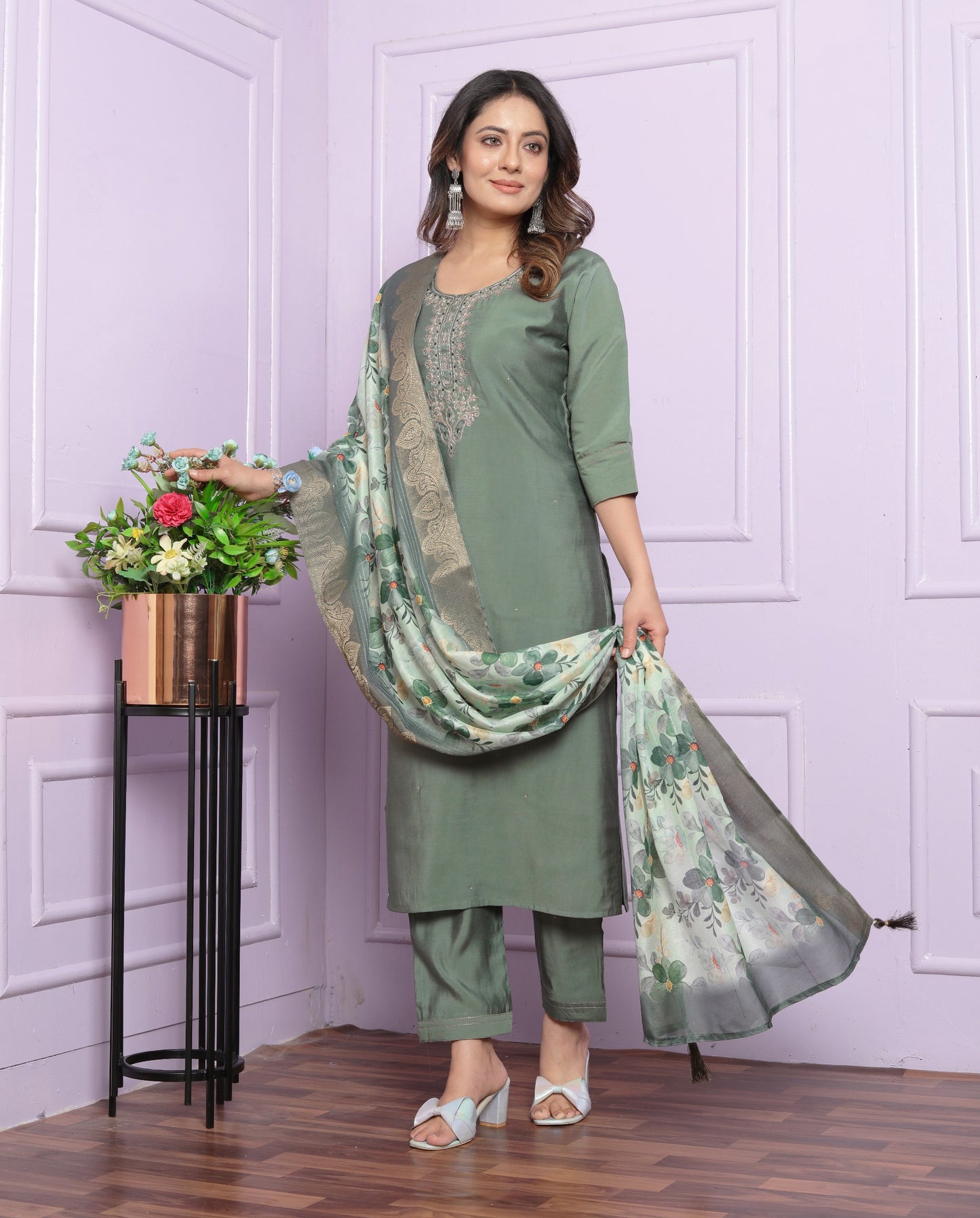 Green Rusian Silk Kurti Set With Organza Dupatta