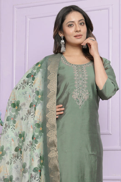 Green Rusian Silk Kurti Set With Organza Dupatta