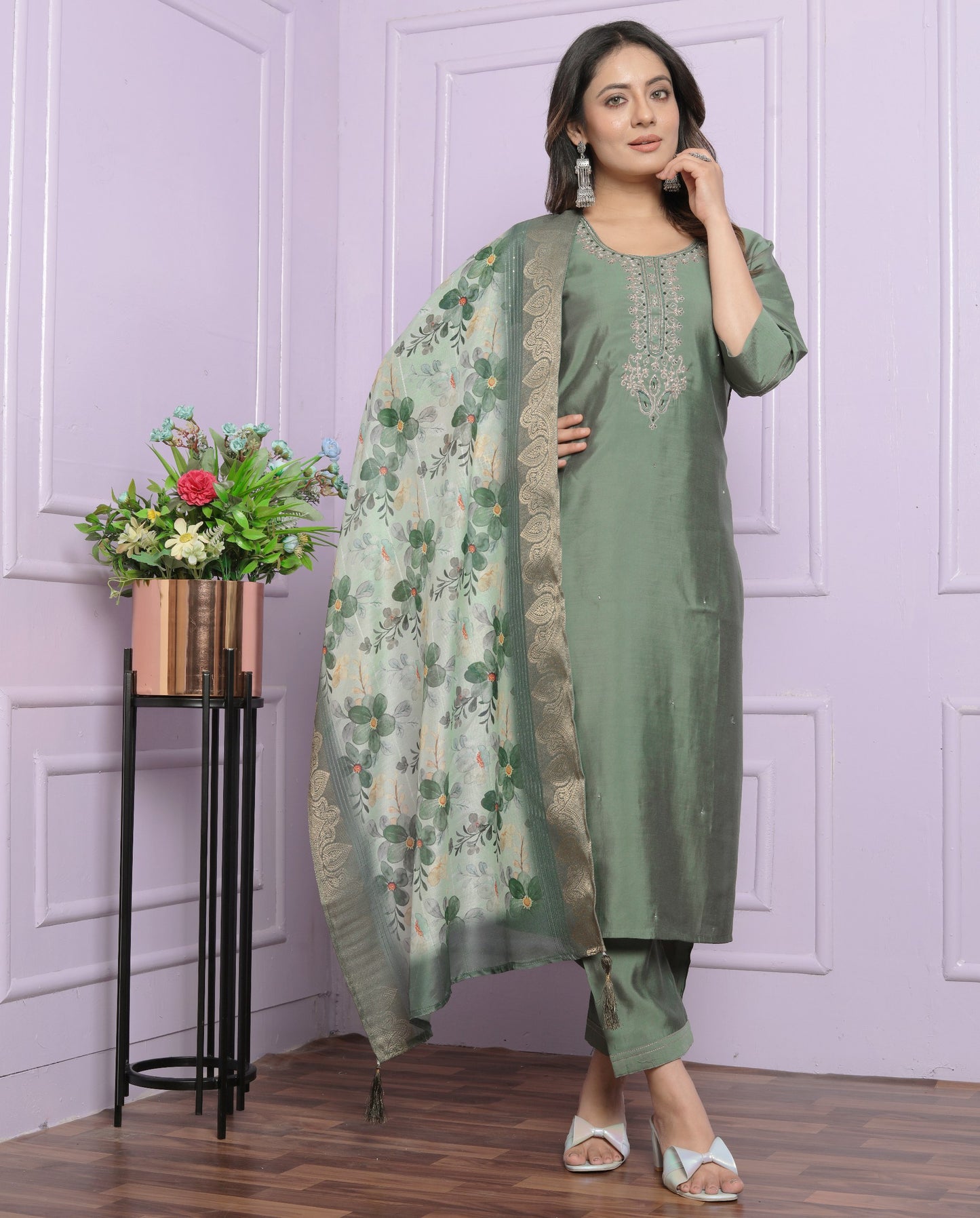 Green Rusian Silk Kurti Set With Organza Dupatta