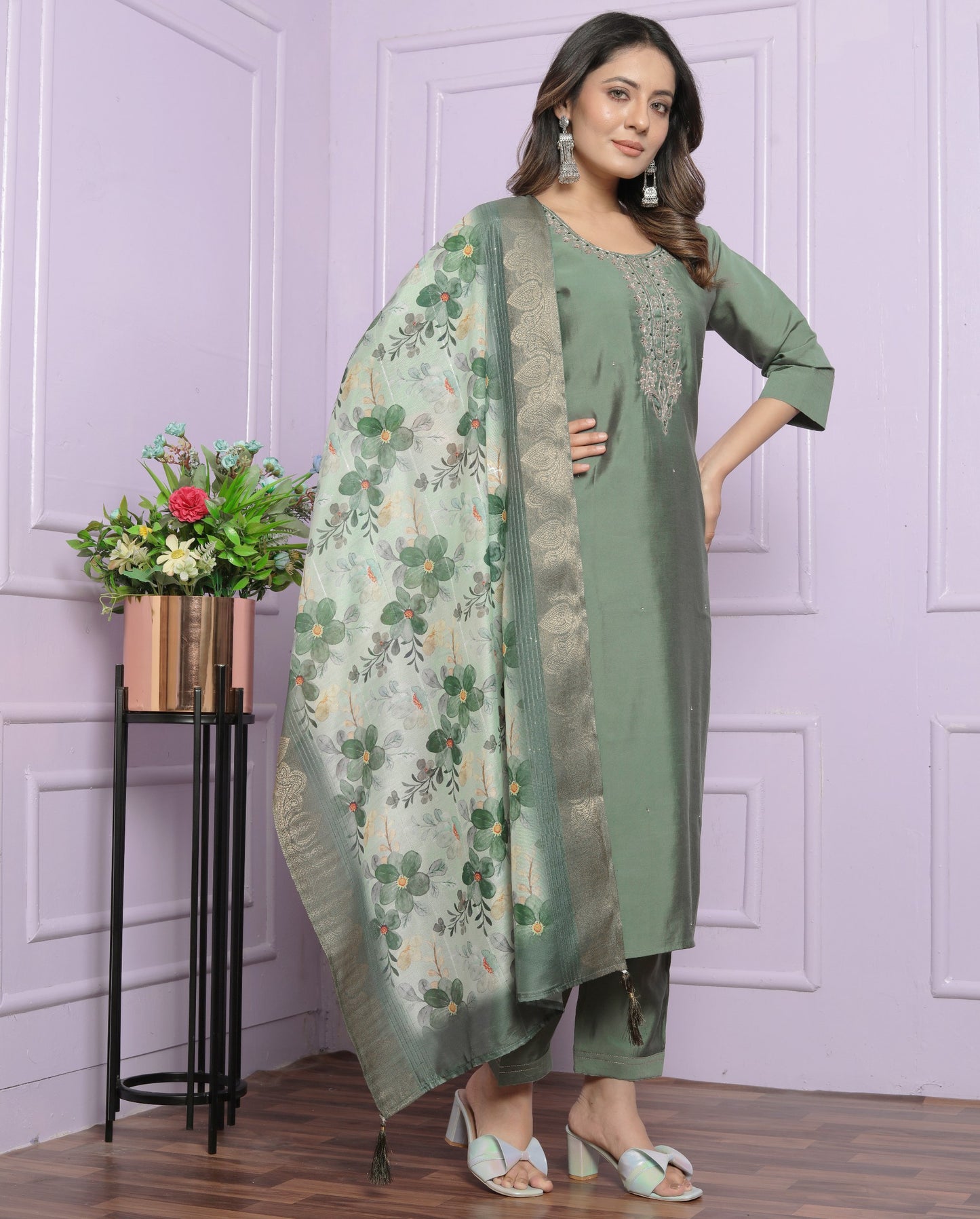 Green Rusian Silk Kurti Set With Organza Dupatta