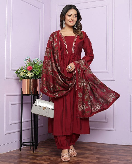 Fancy Red Gown Afghani Style Pant With Dupatta