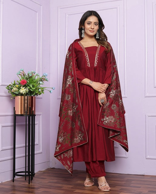 Fancy Red Gown Afghani Style Pant With Dupatta