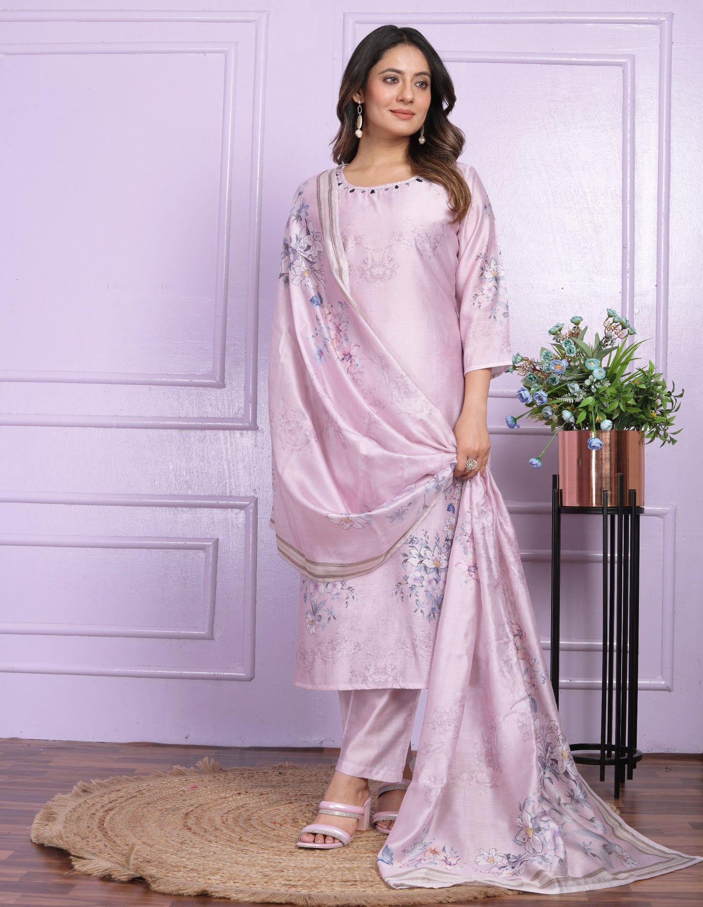 Shining Lavender Printed Straight Kurti Pant With Dupatta