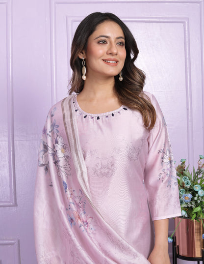 Shining Lavender Printed Straight Kurti Pant With Dupatta