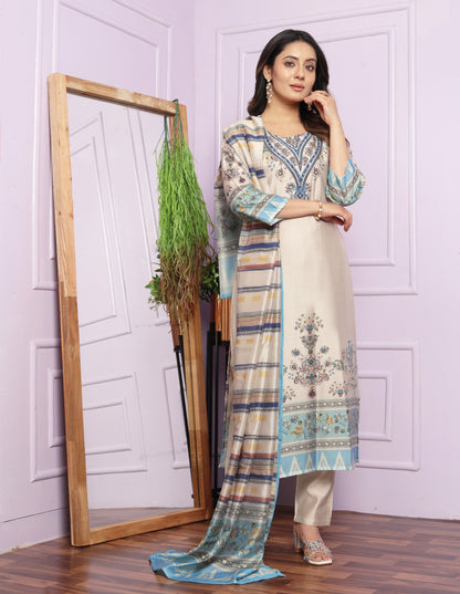 Multi Print Cream Color Kurti Set With Dupatta