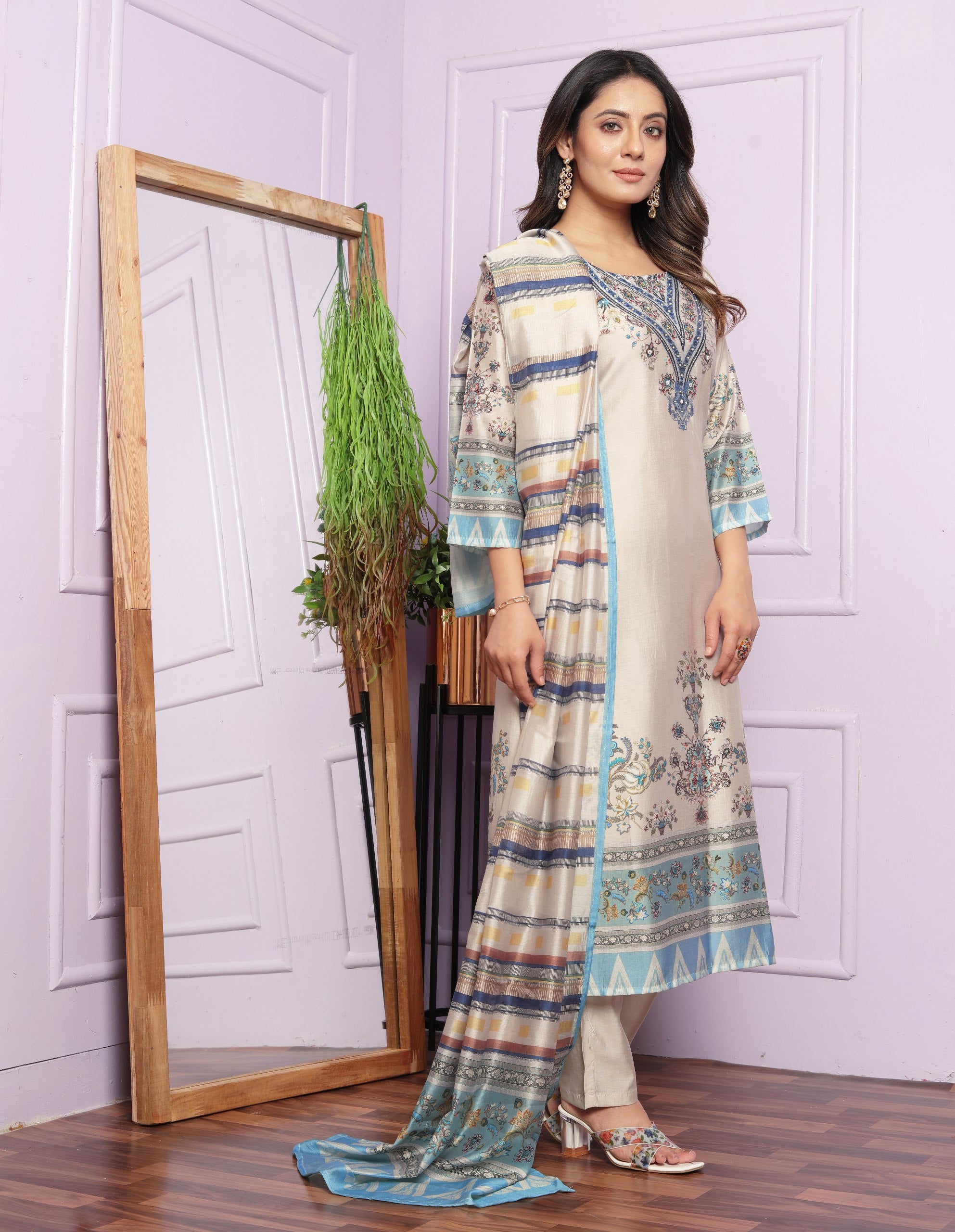 Multi Print Cream Color Kurti Set With Dupatta