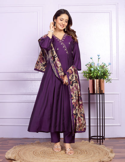 Wine Color V Neck Angrakha Kurta Pant With Dupatta