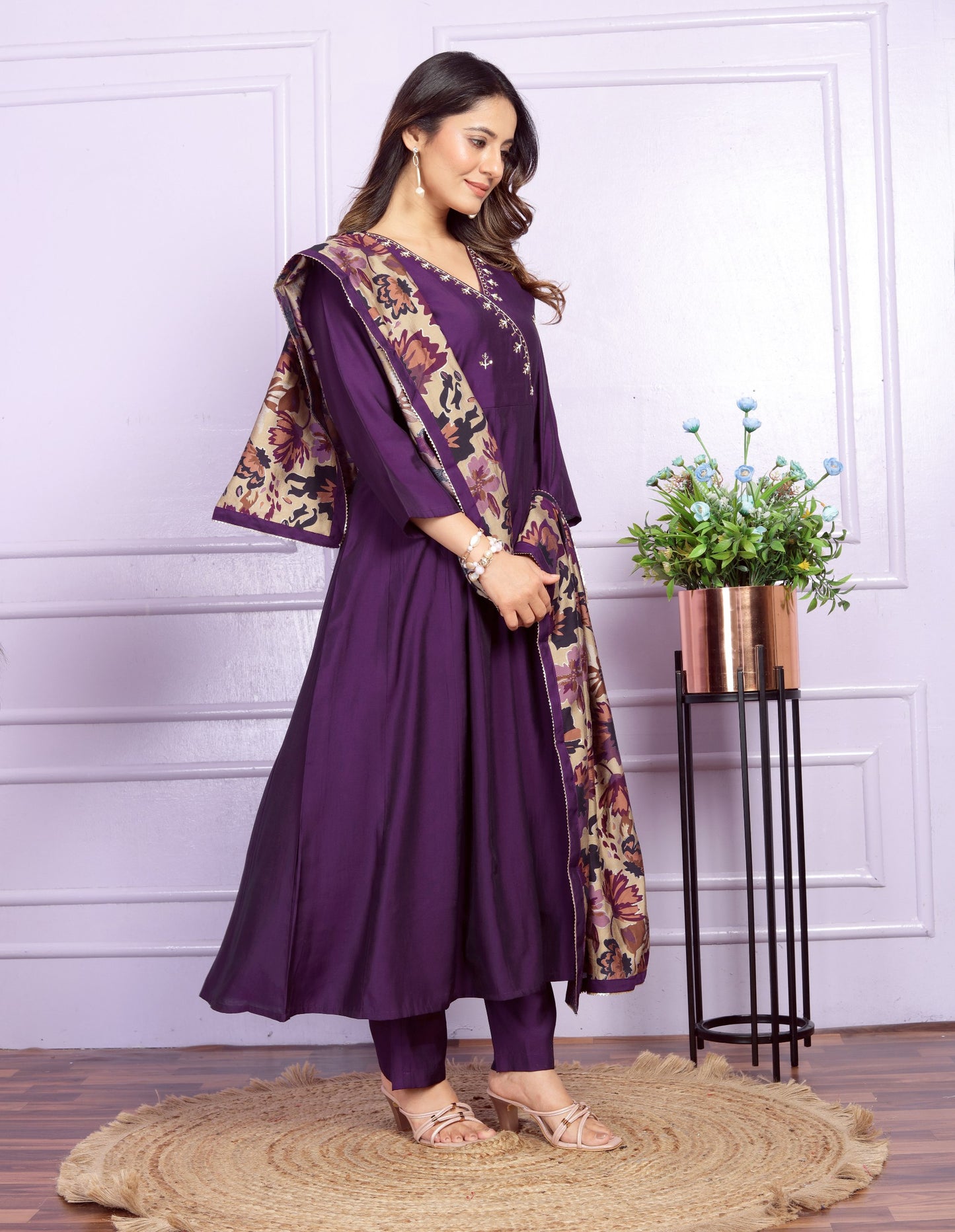 Wine Color V Neck Angrakha Kurta Pant With Dupatta