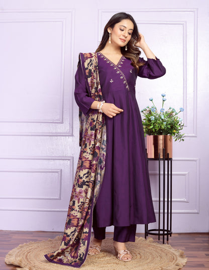 Wine Color V Neck Angrakha Kurta Pant With Dupatta