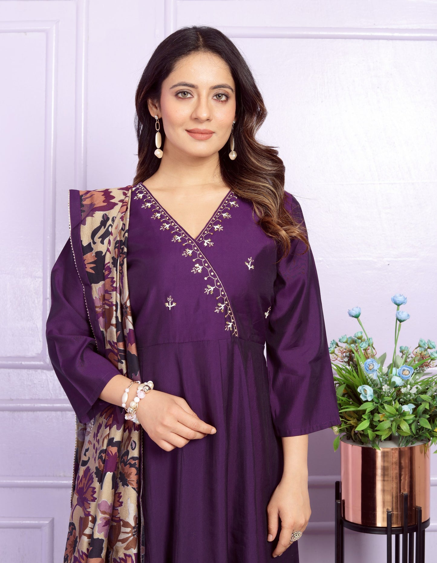 Wine Color V Neck Angrakha Kurta Pant With Dupatta