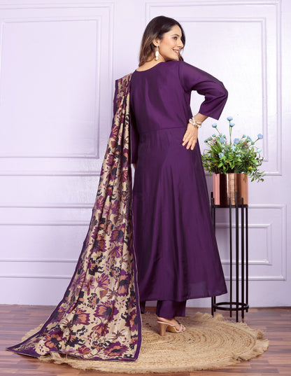 Wine Color V Neck Angrakha Kurta Pant With Dupatta