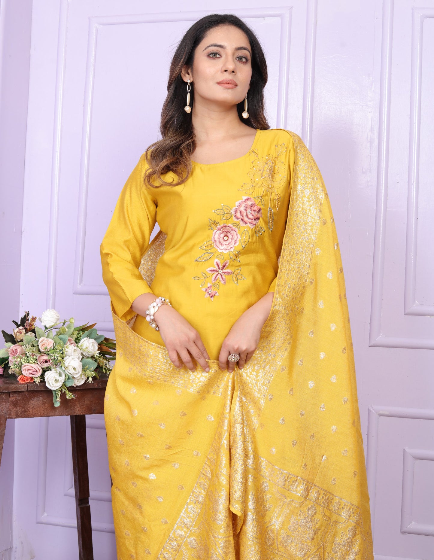 Yellow Hand Work Kurti Set With Banarasi Dupatta