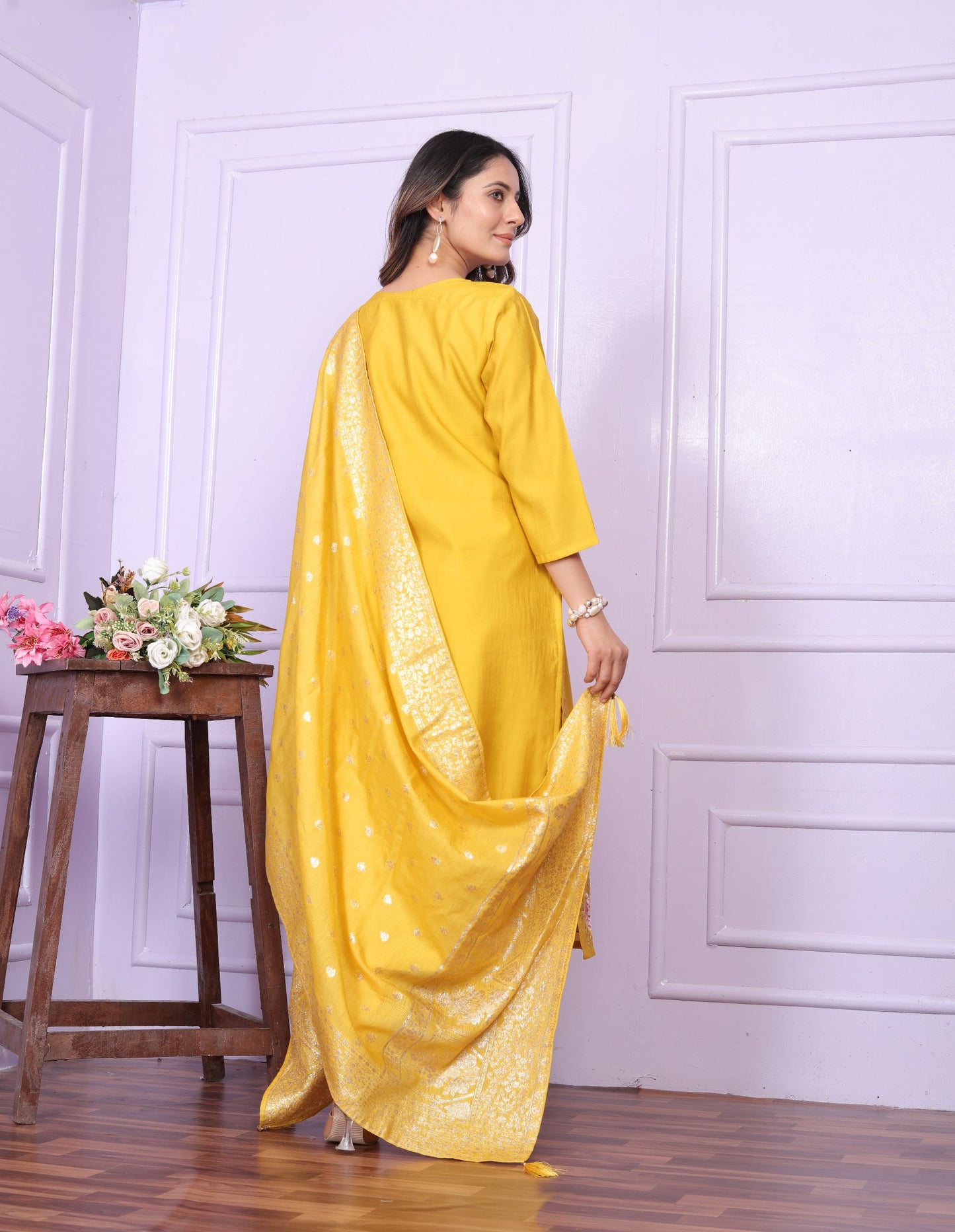 Yellow Hand Work Kurti Set With Banarasi Dupatta