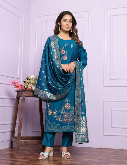 Blue Hand Work Kurti Set With Banarasi Dupatta