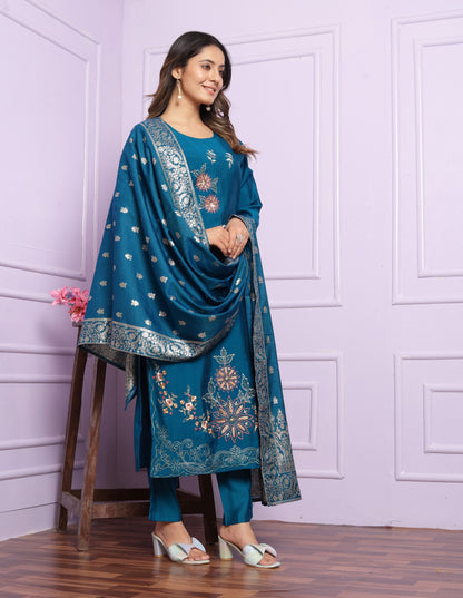 Blue Hand Work Kurti Set With Banarasi Dupatta