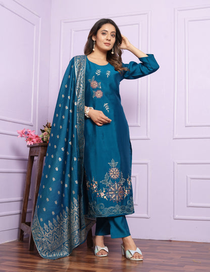 Blue Hand Work Kurti Set With Banarasi Dupatta