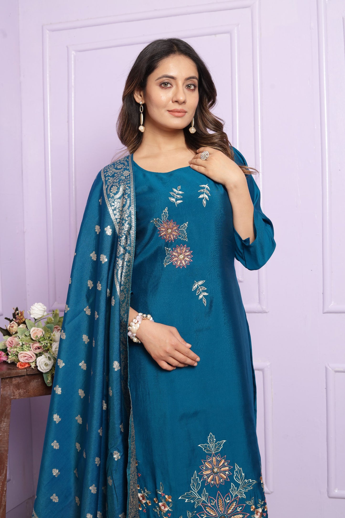 Blue Hand Work Kurti Set With Banarasi Dupatta