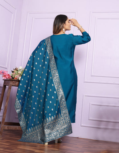 Blue Hand Work Kurti Set With Banarasi Dupatta