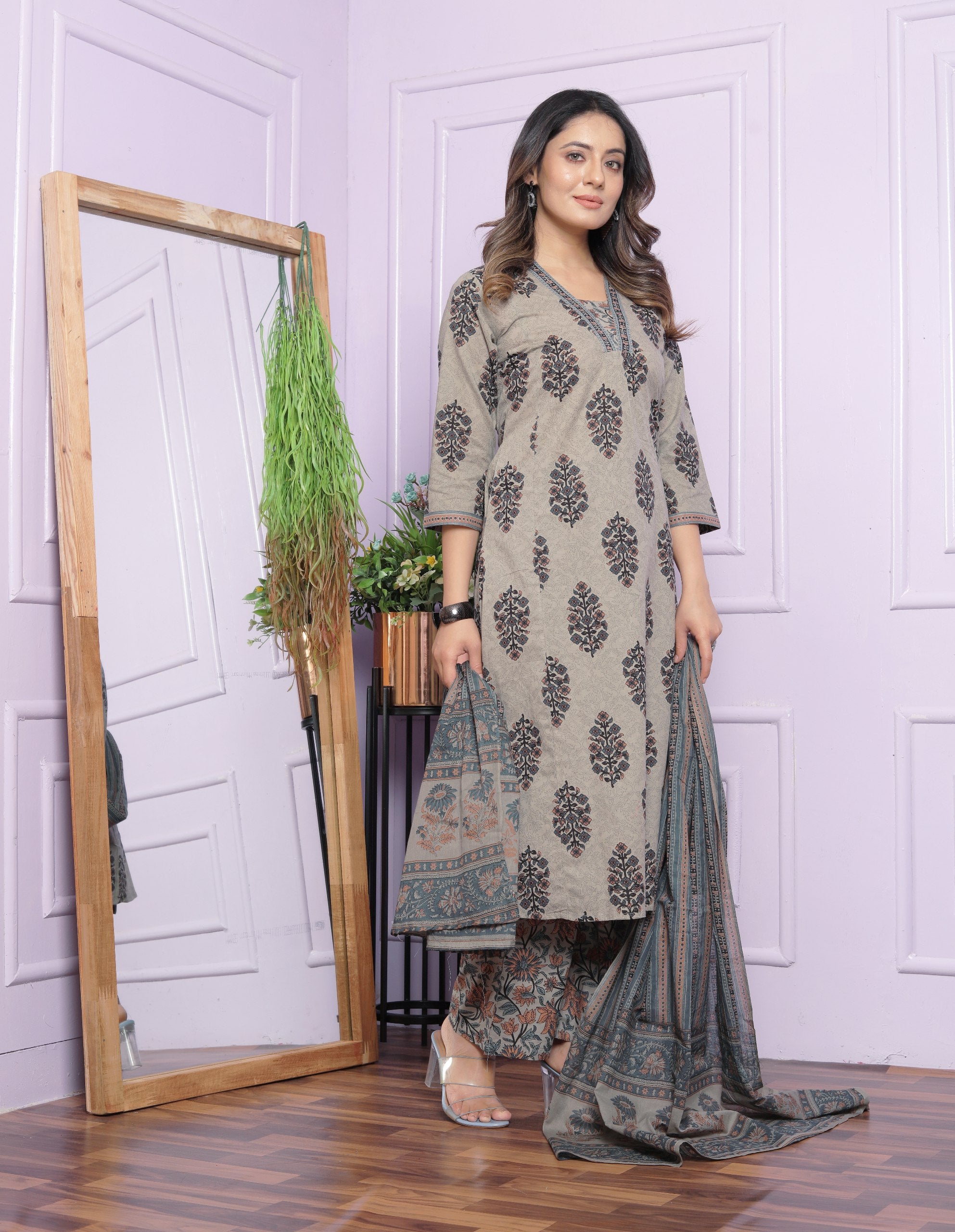 Summer Printed Grey Cotton Kurti Pant With Dupatta