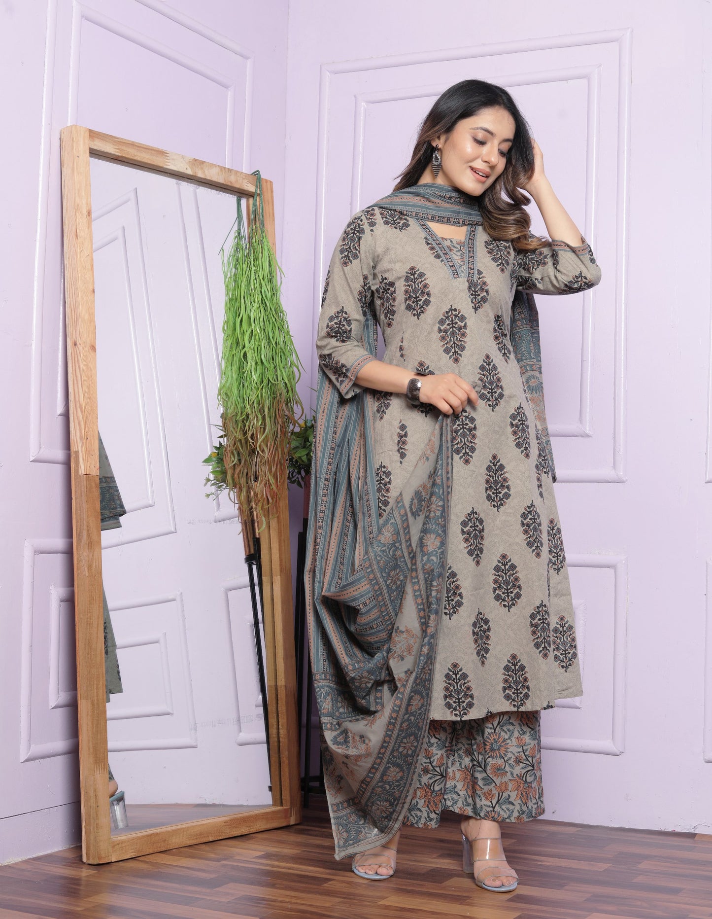 Summer Printed Grey Cotton Kurti Pant With Dupatta