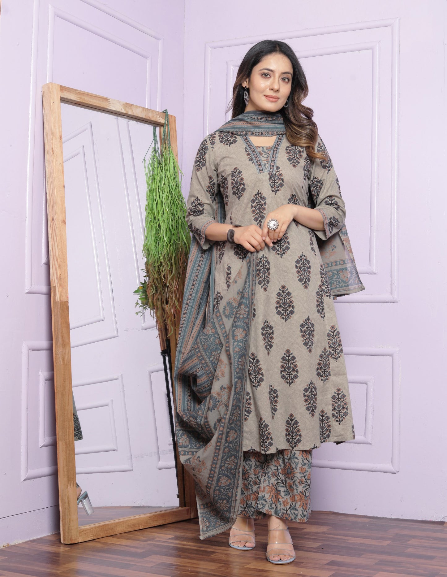 Summer Printed Grey Cotton Kurti Pant With Dupatta